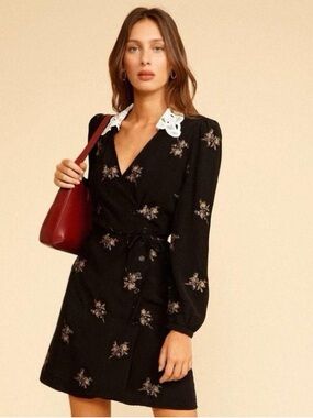 NWT Rouje Paris Gabinette Black Floral Mini Wrap Dress Size 36